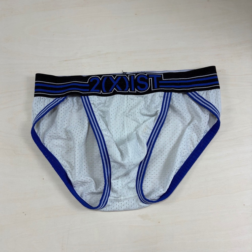 Vintage 2(x)ist Mens Mesh Briefs White Blue Striped Athletic Underwear Small